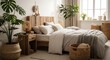 © anomalicreatype - Cozy Bedroom Interior with Natural Wood Accents and Green Plants