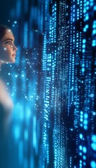 Poster - Futuristic digital human with glowing code, showcasing advanced technology and connectivity.