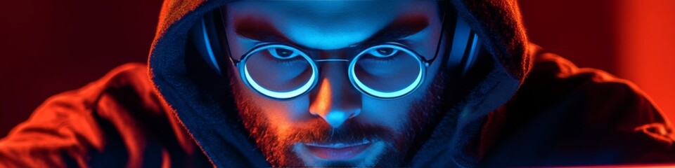 Poster - Futuristic Bearded Male Analyzing Data with Illuminated Smartglasses in a Neon Cyberpunk Cityscape