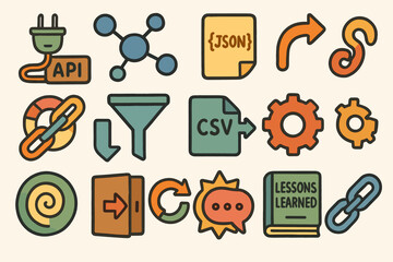 Poster - Technology and programming flat icon set. coding, api, data management icons