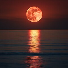 Wall Mural - Red moonlight shimmering gently across night waves and clouds high resolution picture