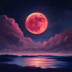 Wall Mural - Red moon surrounded by smoky dark clouds glowing high resolution picture