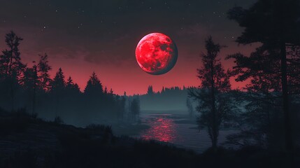 Wall Mural - Stunning red moon rising over misty forest sky high resolution picture