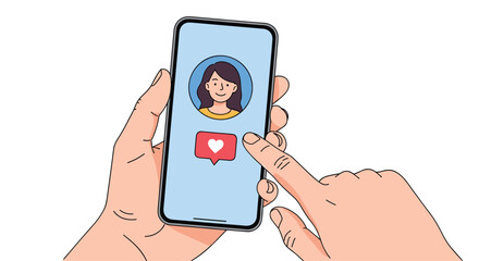 Hands holding a smartphone displaying a profile picture and a like notification with a finger tapping the screen
