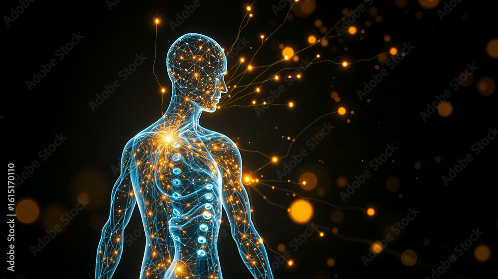 Futuristic human body with glowing neural network connections and ...