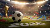 A soccer ball sits prominently on the field, accompanied by the prestigious World Cup trophy and vibrant decorations celebrating the upcoming 2026 tournament