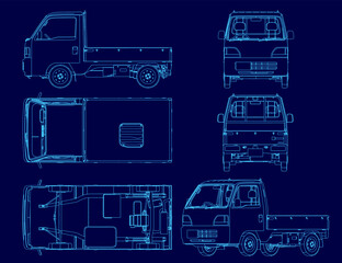 Poster - Blueprint of a cargo truck with detailed contour lines, showcasing the vehicle's structure on a solid blue background. The design highlights key components and dimensions for industrial.