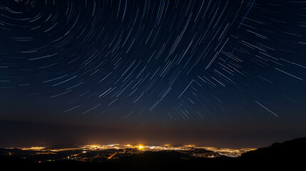 Wall Mural - Night sky star trails around the North star with city lights in the background taken from the top of a hill in himalayas