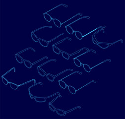 Poster - A pair of glasses with a clean contour stands out against a solid blue background. The minimalist line drawing features sleek frames and precise detailing. Perfect for design projects.