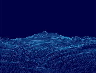 Fototapete - A 3D wireframe mountain range displays intricate terrain lines against a blue background. The geometric design creates a modern digital landscape with clean vector details.