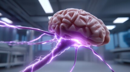 Poster - Autonomous AI Agent showcasing main capabilities through learning and adaptation as a detailed brain model with glowing purple neural connections symbolizes brain activity and neural communication.
