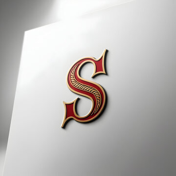 A stylized logo featuring a prominent letter S, adorned with intricate gold and red details, set against a clean and crisp white background