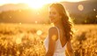 © ngatirah - Happy Young Woman in White Dress Smiling Walking Through Wheat Field under Golden Sunlight