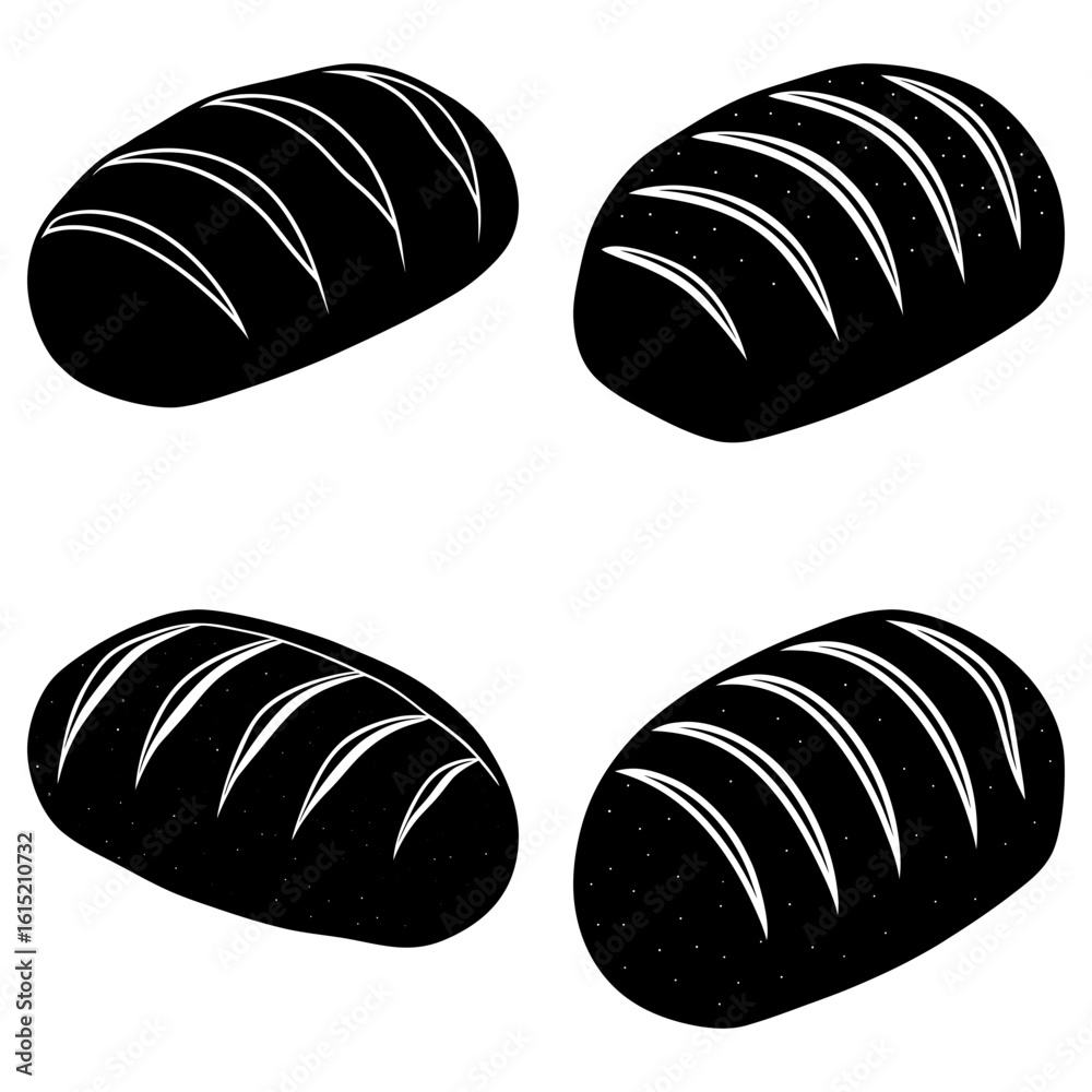 Four loaves of black bread with white stripes arranged in a square on a ...