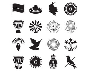 Poster - Collection of sixteen black silhouette icons including flag hat map drum and bird illustrations