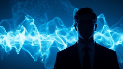 Wall Mural - Silhouette Of A Businessman In A Dark Suit Against A Blue Abstract Digital Background