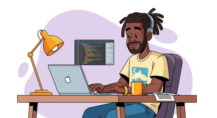 African American programmer working on laptop, perfect for tech blogs or website landing pages.