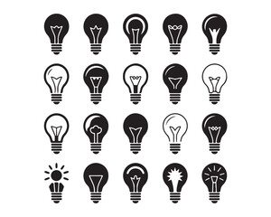Poster - Collection of black and white light bulb icons in various designs arranged in a grid pattern