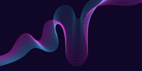 Poster - Dark abstract background with glowing wave. Shiny moving lines design element. Modern purple blue gradient flowing wave lines..