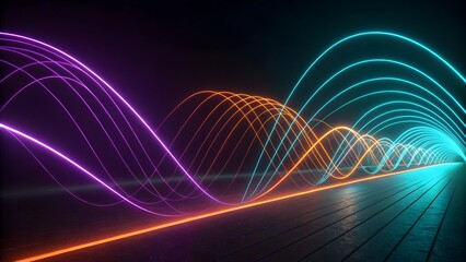 Poster - Abstract Neon Light Waves Tunnel Perspective with Dark Background and Reflective Floor Surface