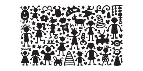 Poster - A collection of whimsical black and white cartoon figures and shapes in a dense arrangement