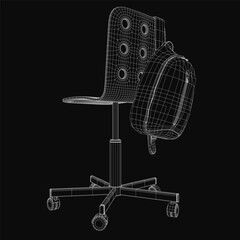Poster - A 3D wireframe model of an office chair with a backpack hanging on it, isolated on a black background. The royalty-free model features clean lines and a modern design.