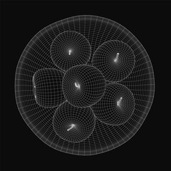 Poster - A 3D wireframe bowl overflows with symmetrically arranged apples on a black background, viewed from above. Each apple has unique textures and shapes, creating a vibrant sense of abundance.
