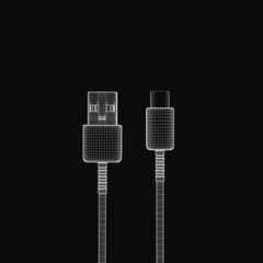 Poster - A black and white wireframe of a USB cable stands out against a dark background, highlighting its sleek design. The detailed outline emphasizes the charging port and connector.