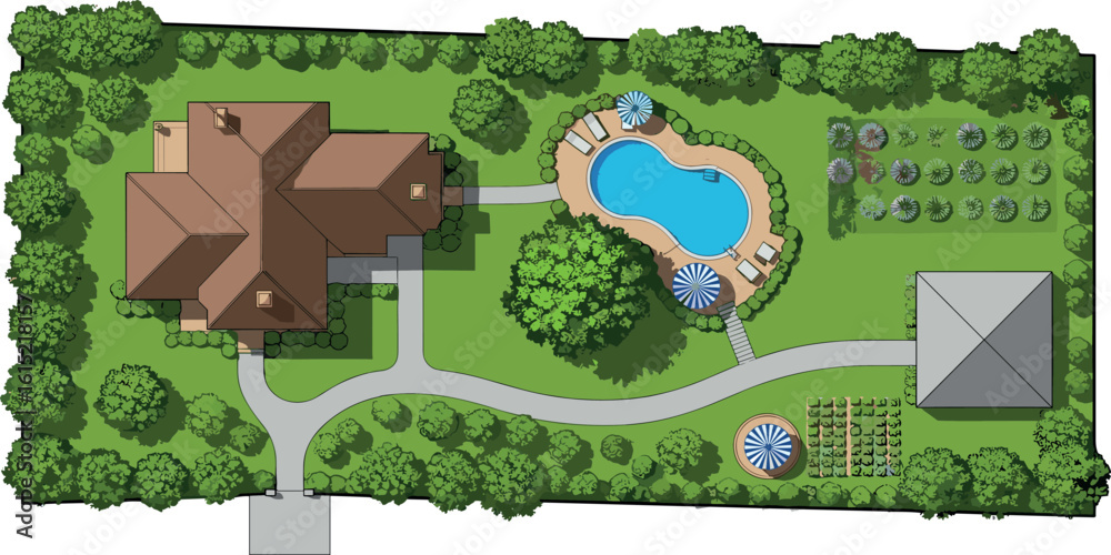 Design plan with house, courtyard, lawn and garage top view. Highly ...