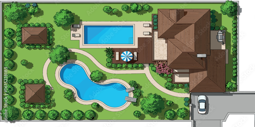 Design plan with house, courtyard, lawn and garage top view. Highly ...