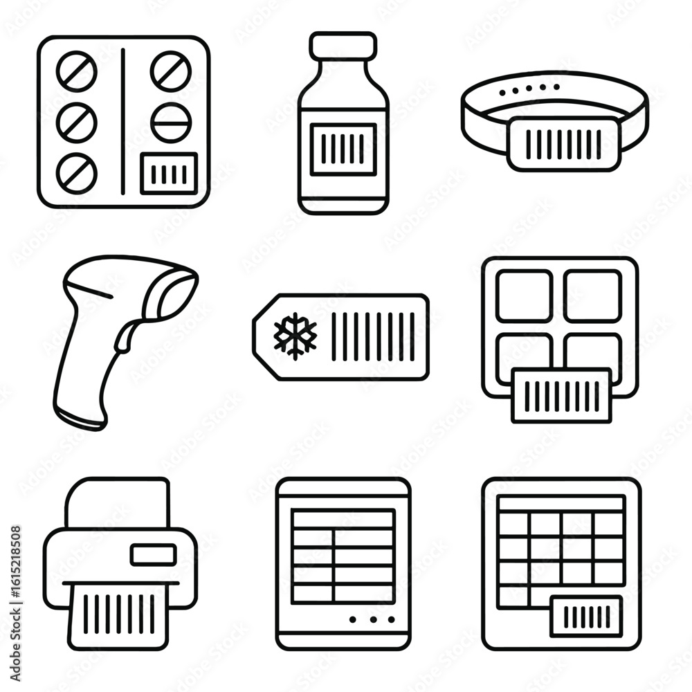 Pharmaceutical Barcode Icons. Outline style icons of Pharmaceutical ...