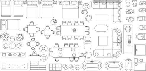 furniture outline top view. floor plan icons set for design interior and architectural project. furn