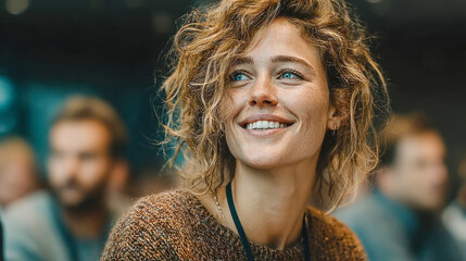 Poster - A confident woman with curly hair and a warm smile listens attentively during a seminar or workshop, with a blurred audience in the background