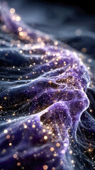 Poster - Cosmic waves of violet and silver hues ripple through space, illuminated by thousands of glowing specks in a dreamlike, nebula-inspired scene