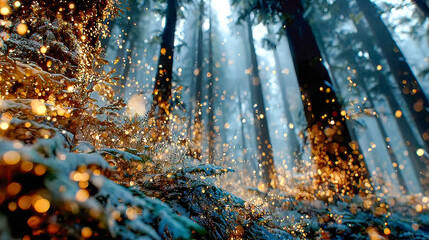 Poster - A magical forest floor sparkles with golden lights beneath autumn leaves and towering trees in a wintery, misty atmosphere