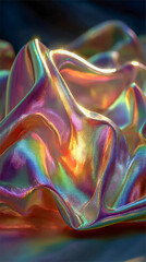 Poster - Abstract iridescent swirl with vibrant holographic reflections in soft focus, creating a fluid and dreamy visual effect