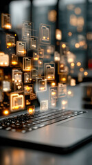 Poster - Futuristic digital interface showing glowing document icons hovering above a laptop in a modern workspace
