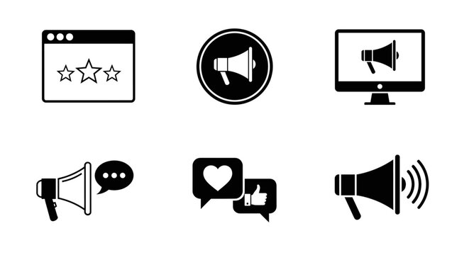Illustration of online marketing icons including rating stars and megaphone images