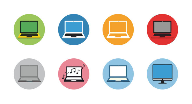 Collection of colorful laptop computers and a desktop computer in oval shapes design