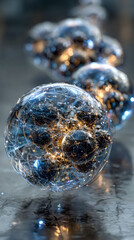 Poster - A glowing abstract sphere composed of dark orbs and golden network-like filaments, encased in a transparent shell on a reflective surface