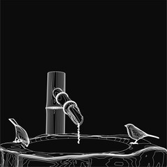 Poster - Two black and white birds perch on a fountain with water cascading from a bottle, set against a deep black background. The illustration features clean contour lines and a rock garden aesthetic.