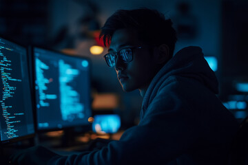 Young male Asian coder with his multiple screens 