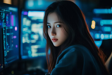 Young female Asian coder with her multiple screens 