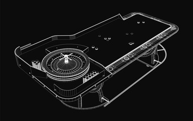 Poster - A 3D wireframe model of a roulette turntable rotates on a sleek black background, showcasing detailed blueprint lines and geometric precision. The minimalist design highlights the structure.