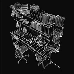 Poster - A 3D wireframe model of a school desk and chair with books, lamp, and various objects arranged neatly on top. The clean black background highlights the geometric structure.