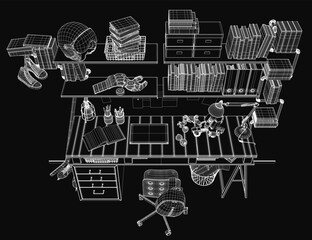 Poster - A 3D wireframe model of a school desk set with a computer, chair, and scattered objects on the table. The dark background creates a mysterious atmosphere with clean geometric lines.
