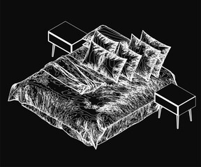 Aufkleber - Scandinavian-style bed with clean contour lines, sketched in an artistic style. Flanked by two minimalist tables, the bed features plush pillows and a cozy blanket.