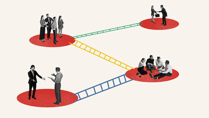 digital collage of business teams on red platforms connected by ladders. concept of hybrid work stru