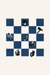 © master1305 - Bold collage of businesspeople moving across blue checkerboard. Concept of strategic planning, project management, design thinking, and decision-making in business environment.
