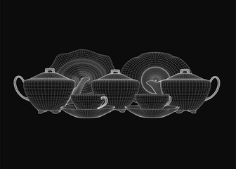 Fototapete - A 3D wireframe teapot and cups arranged symmetrically on a black background, with the largest teapot centered and smaller cups on each side. The white lines contrast sharply against the dark backdrop.